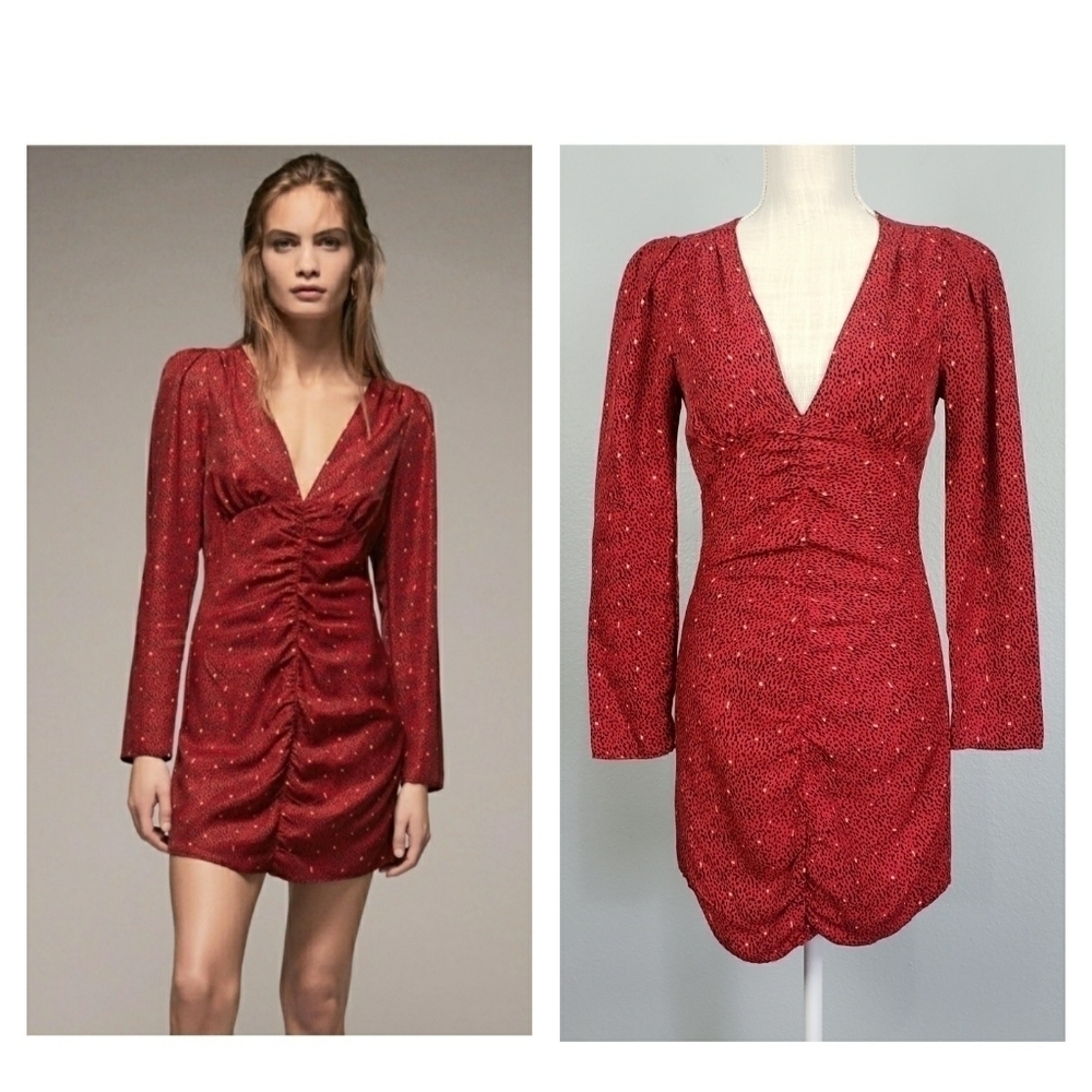 ZARA Dot Print Ruched Long Sleeve Deep V-Neck Mini Dress Red Sz XS